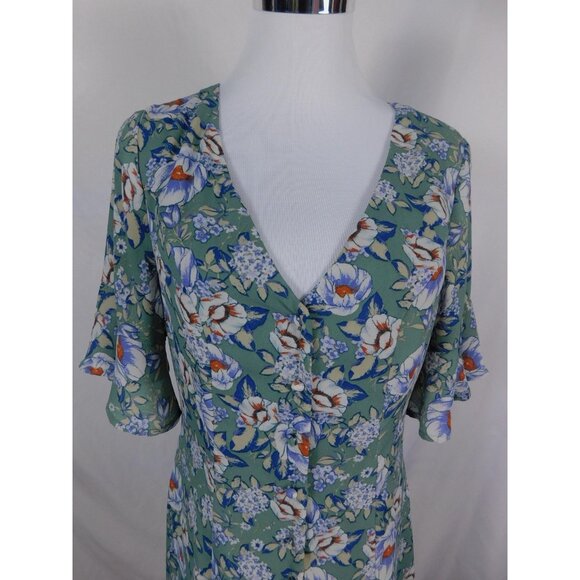 Blue Rain Dress Womens Small Green Floral Button Front V Neck Lined Opaline 02 - Picture 2 of 12